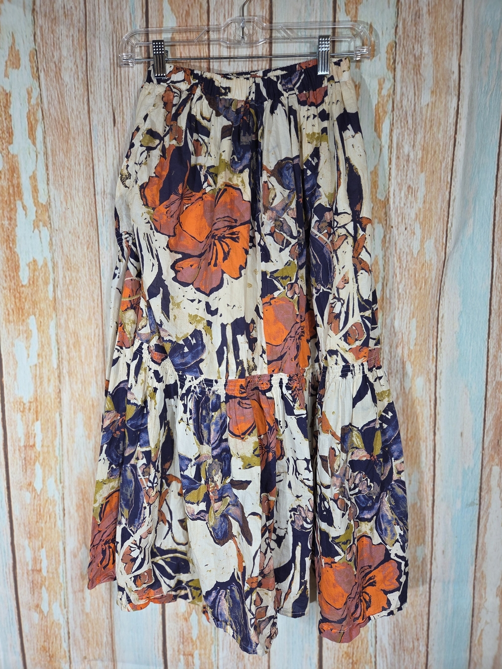 Free People Floral Tiered Maxi Skirt - Orange, Navy & Cream. 100% Cotton. Sz XS - Picture 4 of 4